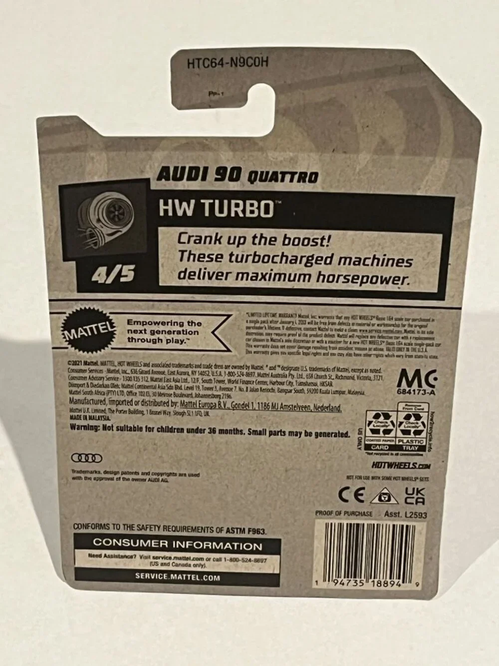 Hot Wheels Audi 90 Quattro HW Turbo 144/250 4/5 Blue Race Car NOC
